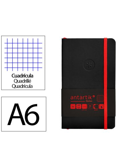 Cuaderno Con Gomilla Antartik Notes Tapa Blanda A6 Cuadricula Negro Y Rojo 100 Hojas 80 Gr Fsc
