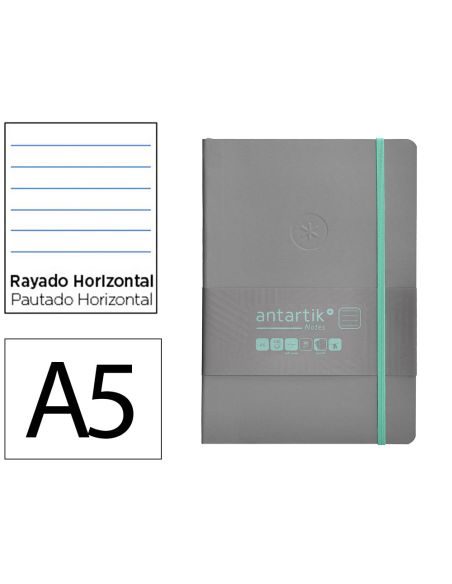 Cuaderno Con Gomilla Antartik Notes Tapa Blanda A5 Hojas Rayas Gris Y Turquesa 80 Hojas 80 Gr Fsc