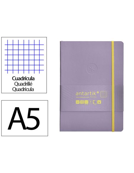 Cuaderno Con Gomilla Antartik Notes Tapa Blanda A5 Hojas Cuadricula Morado Y Amarillo 80 Hojas 80 Gr Fsc