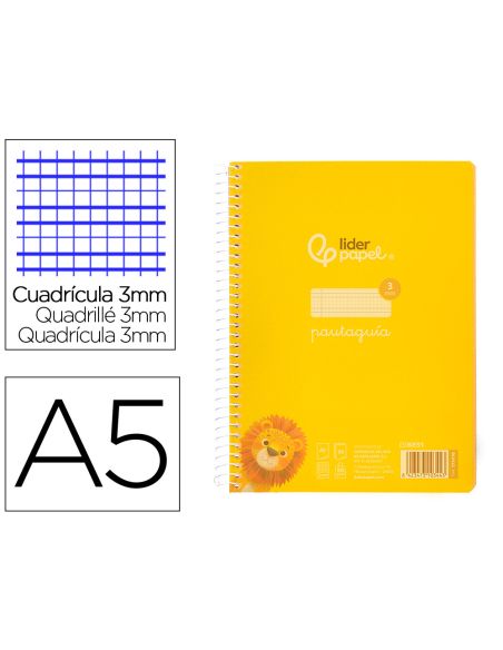 Cuaderno Espiral Liderpapel A5 Pautaguia Tapa Plastico 80H 90Gr Cuadro Pautado 3 Mm Con Margen Color Amarillo
