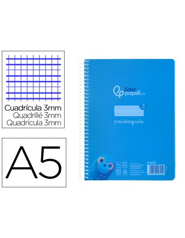 Cuaderno Espiral Liderpapel A5 Pautaguia Tapa Plastico 80H 90Gr Cuadro Pautado 3 Mm Con Margen Color Azul