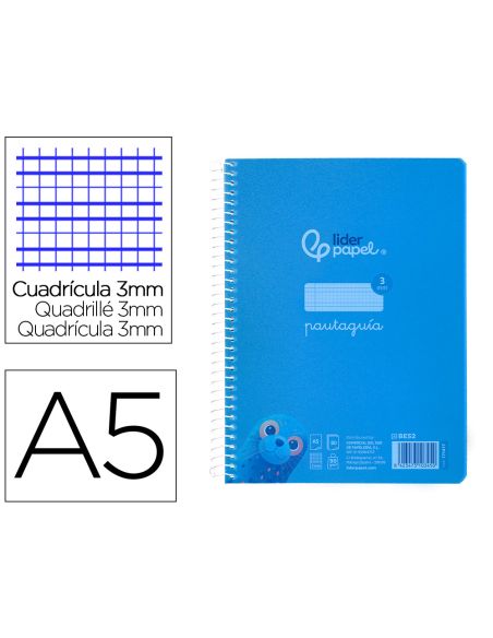Cuaderno Espiral Liderpapel A5 Pautaguia Tapa Plastico 80H 90Gr Cuadro Pautado 3 Mm Con Margen Color Azul