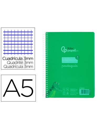 Cuaderno Espiral Liderpapel A5 Pautaguia Tapa Plastico 80H 90Gr Cuadro Pautado 3 Mm Con Margen Color Verde