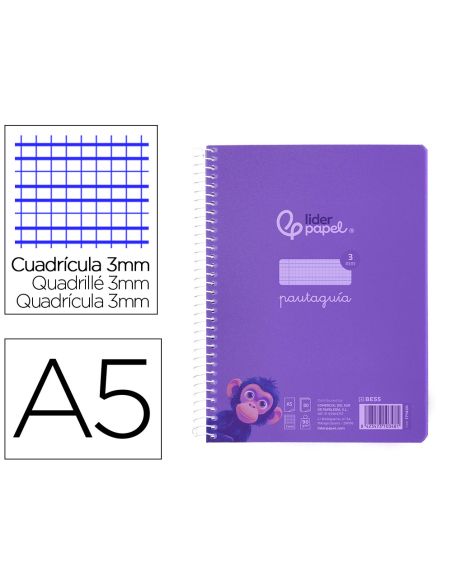 Cuaderno Espiral Liderpapel A5 Pautaguia Tapa Plastico 80H 90Gr Cuadro Pautado 3 Mm Con Margen Color Lila