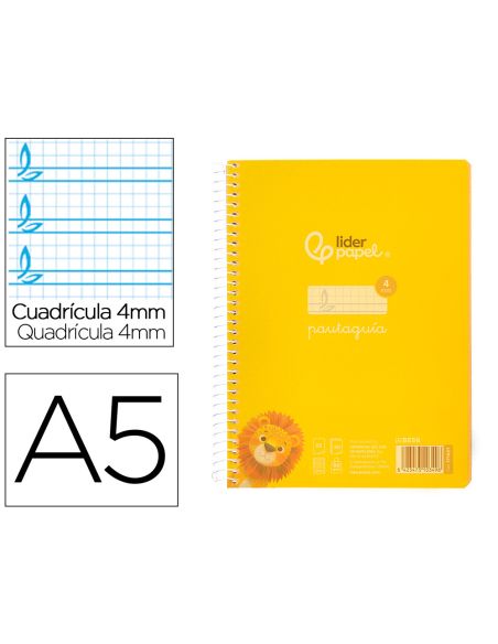 Cuaderno Espiral Liderpapel A5 Pautaguia Tapa Plastico 80H 90Gr Cuadro Pautado 4Mm Con Margen Color Amarillo