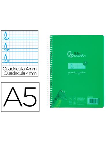 Cuaderno Espiral Liderpapel A5 Pautaguia Tapa Plastico 80H 90Gr Cuadro Pautado 4Mm Con Margen Color Verde