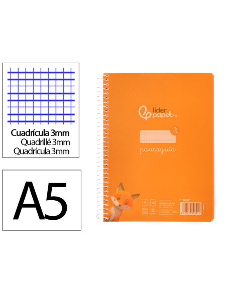 Cuaderno Espiral Liderpapel A5 Pautaguia Tapa Plastico 80H 90Gr Cuadro Pautado 3Mm Color Naranja