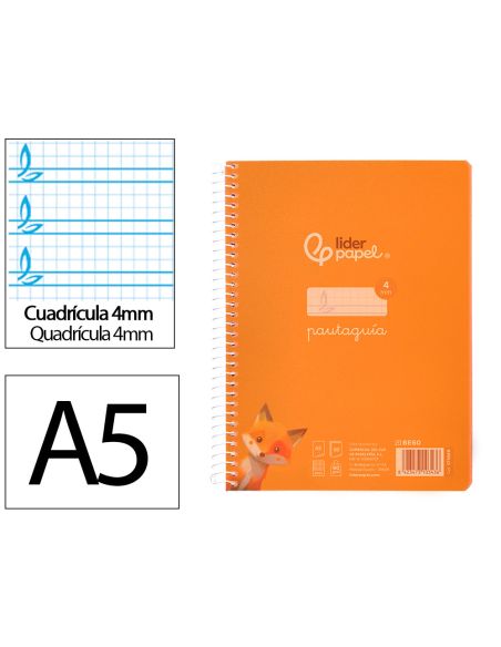 Cuaderno Espiral Liderpapel A5 Pautaguia Tapa Plastico 80H 90Gr Cuadro Pautado 4Mm Color Naranja