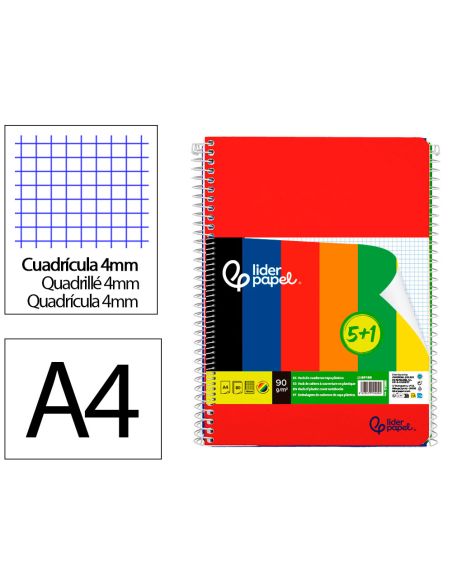 Cuaderno Espiral Liderpapel A4 Wonder Tapa Plastica 80H 90Gr Cuadro 4Mm Con Margen Pack 5+1 Colores Surtidos