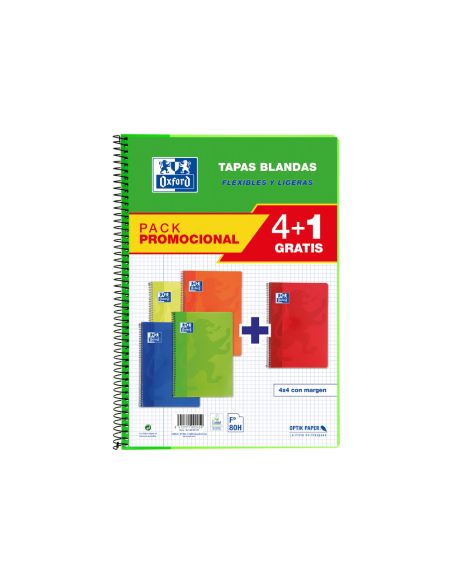 Bloc Espiral Oxford Tapa Blanda Folio 80 Hojas 90Gr Cuadro 4 Mm Colores Vivos Pack De 4+1
