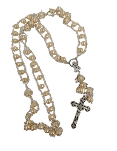 Rosario Escalera Cristal Simil Perla Blanca