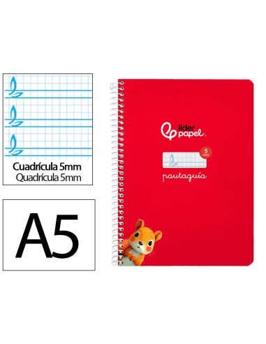 Cuaderno Espiral Liderpapel A5 Pautaguia Tapa Dura 80H 90 Gr Cuadro Pautado 5Mm Color Rojo