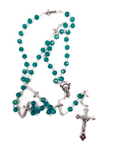 Rosario 6Mm Cristal Azul Agua Cruces