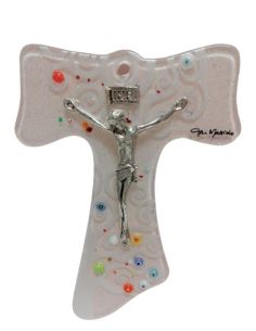 Cruz Cristal Cuerpo Metal 12Cm Color Rosa Claro