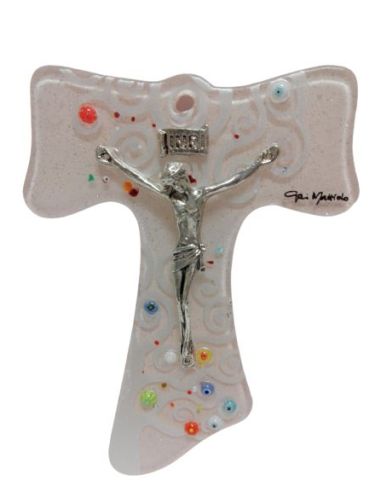 Cruz Cristal Cuerpo Metal 12Cm Color Rosa Claro