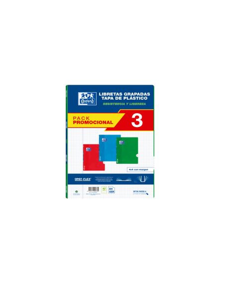Libreta Escolar Oxford Openflex Din A4 48 Hojas Cuadro 4 Mm Pack De 3 Unidades Colores Surtidos