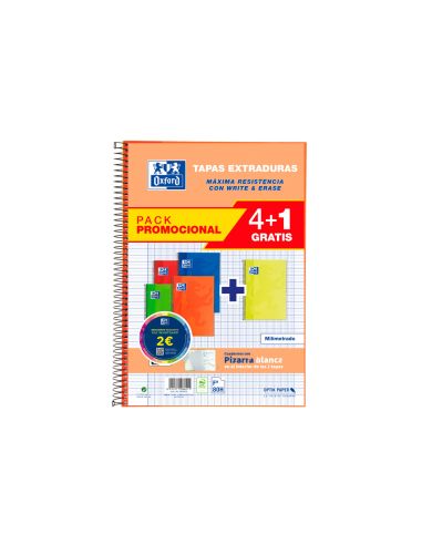 Cuaderno Espiral Oxford Tapa Extradura Folio 80 Hojas 90 Gr Milimetrado Colores Vivos Pack De 4+1 Unidades