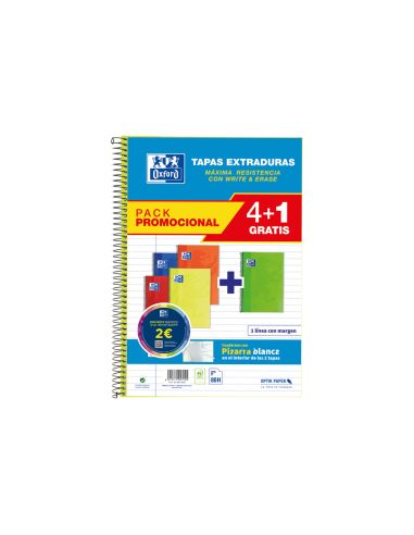Cuaderno Espiral Oxford Tapa Extradura Folio 80 Hojas 90 Gr Rayado Horizontal Colores Vivos Pack De 4+1 Unidades