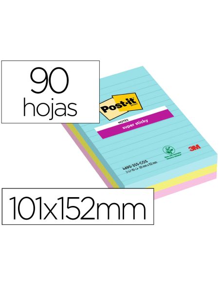 Bloc De Notas Adhesivas Quita Y Pon Post-It Super Sticky Cosmic Rayado 90 Hojas 101X152 Mm Paquete De 3 Unidades