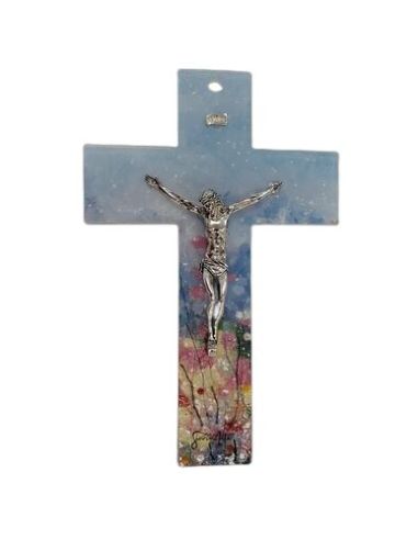 Cruz 703 Cristal Murano Flores Cristo Metal 16Cm