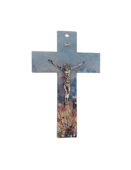 Cruz 703 Cristal Murano Flores Cristo Metal 16Cm