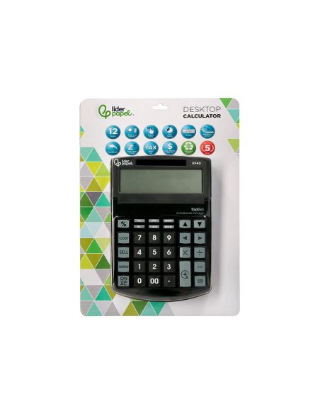 Calculadora Liderpapel Sobremesa Xf40 12 Digitos Dos Lineas Solar Y Pilas Negro 175X120X30 Mm 40% Reciclada