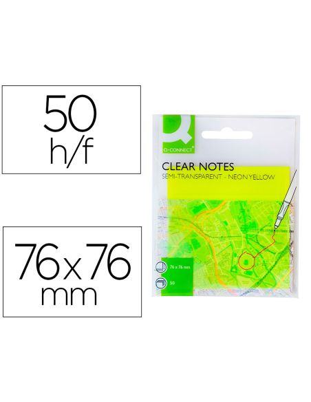 Bloc De Notas Adhesivas Quita Y Pon Q-Connect 76X76 Mm Removible Plastico Translucido Amarillo Neon Con 50 Hojas