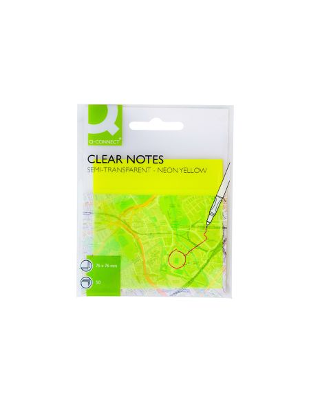 Bloc De Notas Adhesivas Quita Y Pon Q-Connect 76X76 Mm Removible Plastico Translucido Amarillo Neon Con 50 Hojas
