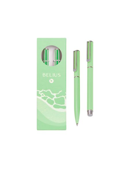 Juego Boligrafo Y Roller Belius Endless Summer Aluminio Color Verde Y Plateado Tinta Azul Caja De Diseño