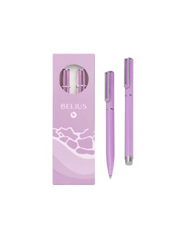 Juego Boligrafo Y Roller Belius Endless Summer Aluminio Color Morado Y Plateado Tinta Azul Caja De Diseño