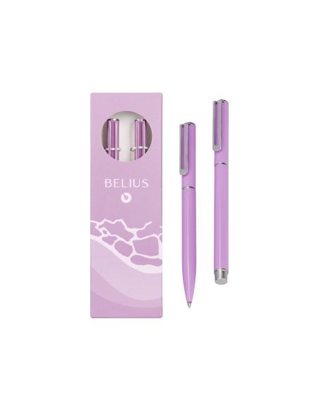 Juego Boligrafo Y Roller Belius Endless Summer Aluminio Color Morado Y Plateado Tinta Azul Caja De Diseño