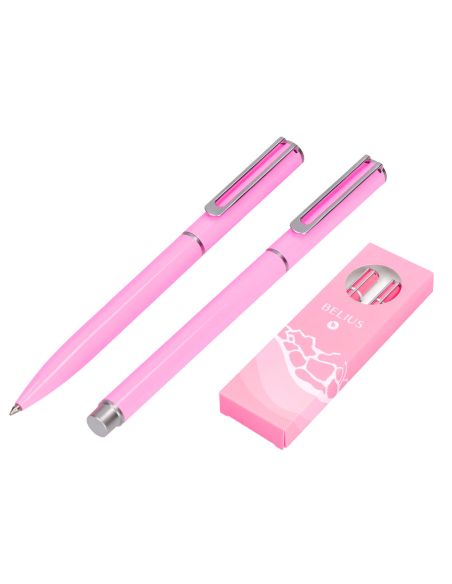 Juego Boligrafo Y Roller Belius Endless Summer Aluminio Color Rosa Y Plateado Tinta Azul Caja De Diseño