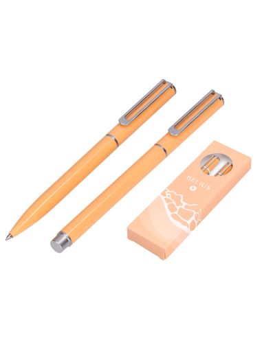Juego Boligrafo Y Roller Belius Endless Summer Aluminio Color Naranja Y Plateado Tinta Azul Caja De Diseño