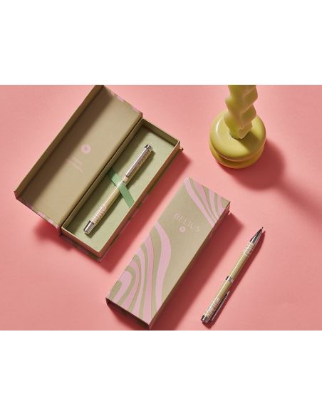 Boligrafo Belius Ink Dreams Aluminio Color Verde Matcha Y Rosa Plateado Frase Interior Tinta Azul Caja De Diseño