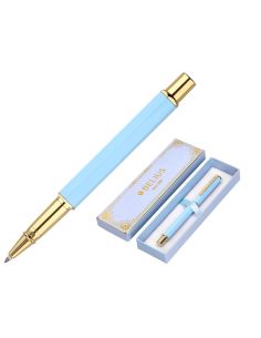 Boligrafo Belius Macaron Bliss Forma Hexagonal Color Celeste Y Dorado Tinta Azul Caja De Diseño