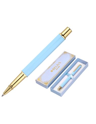 Boligrafo Belius Macaron Bliss Forma Hexagonal Color Celeste Y Dorado Tinta Azul Caja De Diseño