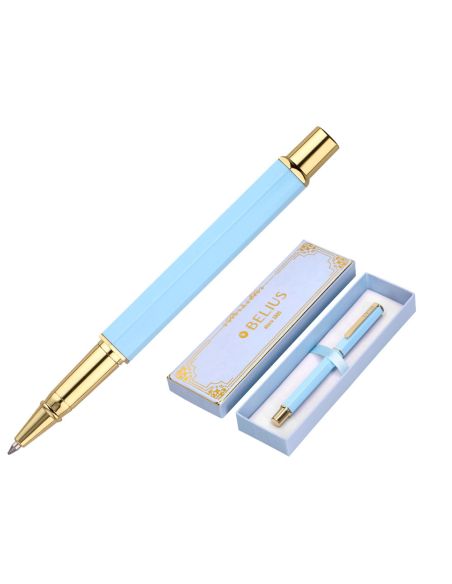 Boligrafo Belius Macaron Bliss Forma Hexagonal Color Celeste Y Dorado Tinta Azul Caja De Diseño