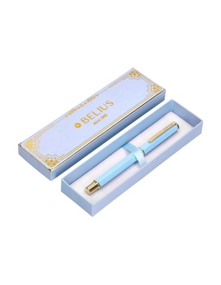 Boligrafo Belius Macaron Bliss Forma Hexagonal Color Celeste Y Dorado Tinta Azul Caja De Diseño
