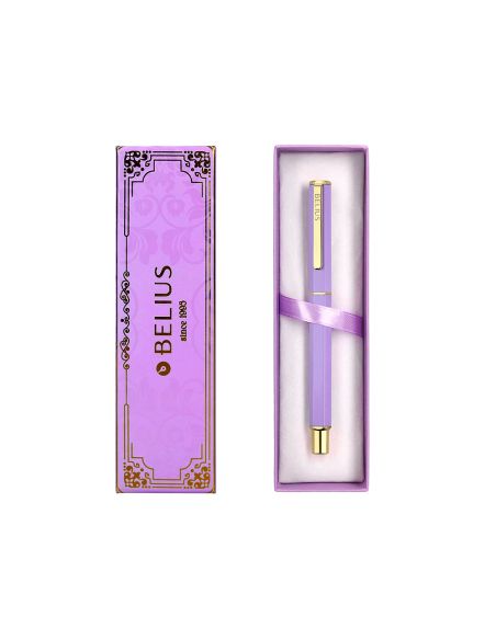 Boligrafo Belius Macaron Bliss Forma Hexagonal Color Morado Y Dorado Tinta Azul Caja De Diseño