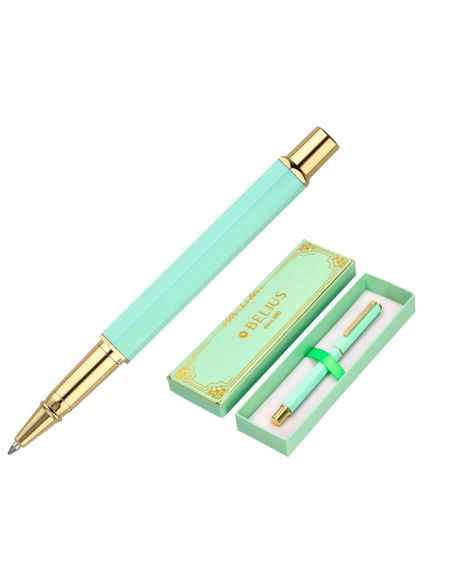 Boligrafo Belius Macaron Bliss Forma Hexagonal Color Verde Dorado Tinta Azul Caja De Diseño