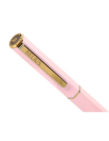 Boligrafo Belius Macaron Bliss Forma Hexagonal Color Rosa Y Dorado Tinta Azul Caja De Diseño