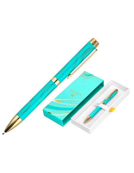 Boligrafo Belius Aqua Aluminio Color Turquesa Y Dorado Tinta Azul Caja De Diseño