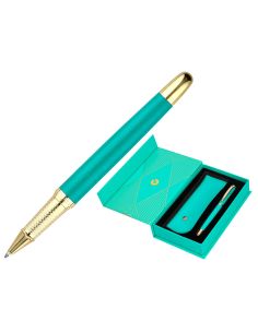 Boligrafo Y Estuche Belius Soiree Color Art Deco Turquesa Y Dorado Tinta Azul Caja De Diseño