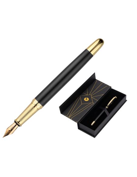 Pluma Belius Soiree Aluminio Color Art Deco Negro Y Dorado Tinta Azul Caja De Diseño