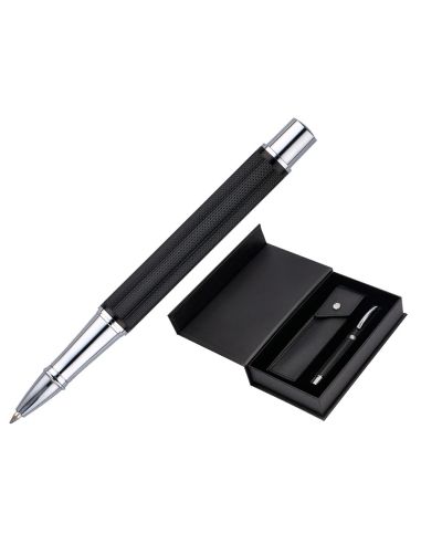 Roller Y Estuche Belius Turbo Aluminio Textura Punteada Negro Plateado Tinta Azul Caja De Diseño