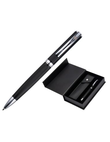 Boligrafo Y Estuche Belius Turbo Aluminio Textura Punteada Negro Y Plateado Tinta Azul Caja De Diseño