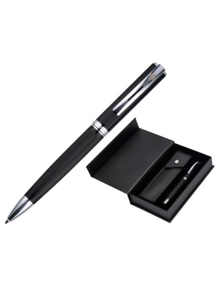 Boligrafo Y Estuche Belius Turbo Aluminio Textura Punteada Negro Y Plateado Tinta Azul Caja De Diseño