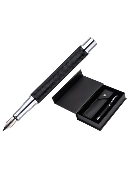 Pluma Y Estuche Belius Turbo Aluminio Textura Punteada Color Negro Y Plateado Tinta Azul Caja De Diseño