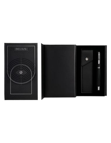 Pluma Y Estuche Belius Turbo Aluminio Textura Punteada Color Negro Y Plateado Tinta Azul Caja De Diseño