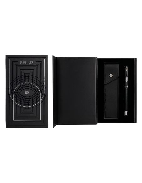 Pluma Y Estuche Belius Turbo Aluminio Textura Punteada Color Negro Y Plateado Tinta Azul Caja De Diseño